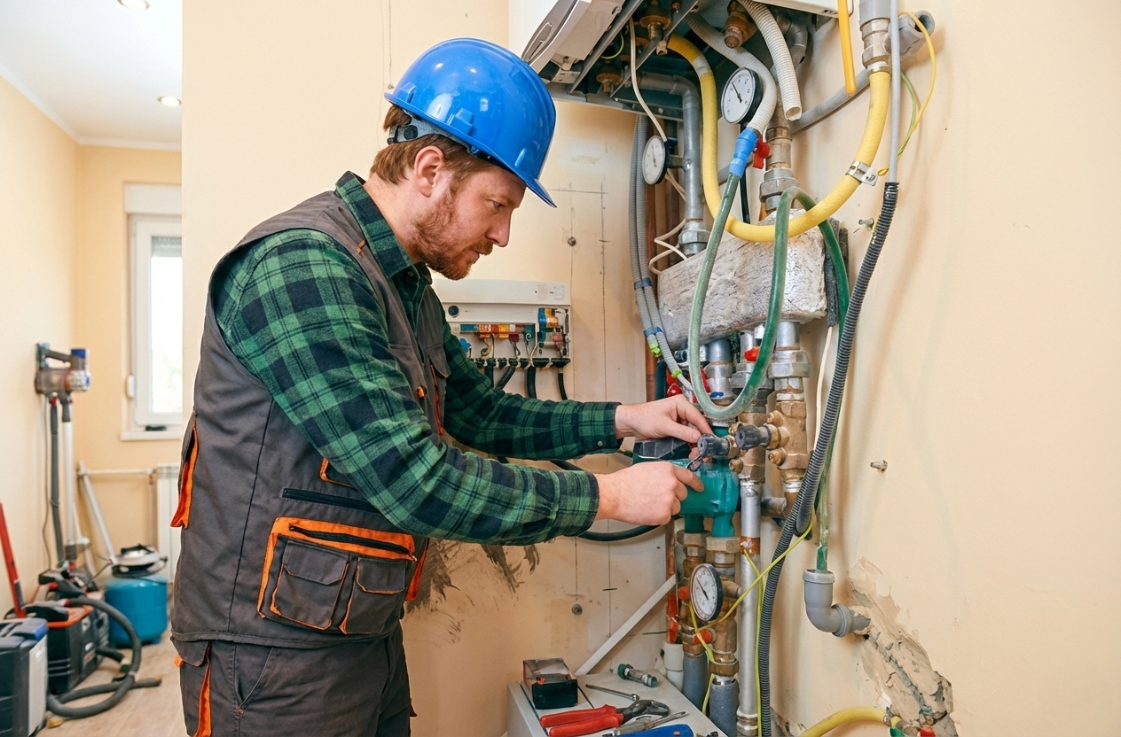HVAC technician working on system